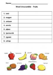 English Worksheet: Word Unscramble - Fruits