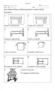 English Worksheet: On, under, in (drawing Worksheet)