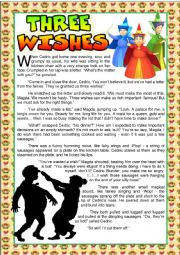 English Worksheet: The three wishes fairytale READING & COMPREHENSION (B&W INCLUDED)
