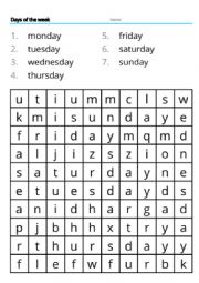 English Worksheet: Wordsearch Days of the week