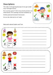 English Worksheet: Physical description + likes and dislikes + clothes + abilities