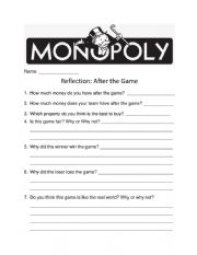 English Worksheet: Monopoly Game Reflections 