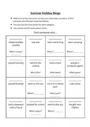 English Worksheet: Summer Holiday Bingo