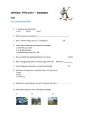 English Worksheet: Vincent Van Gogh biography quiz (incl. link to youtube video)