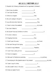 English Worksheet: So do I / Neither do I