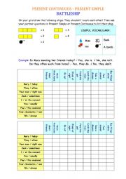English Worksheet: PRESENT CONTINUOUS  PRESENT SIMPLE BATTLESHIP