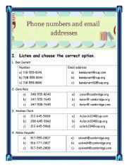 English Worksheet: Listening to phone numbers and  email addresses