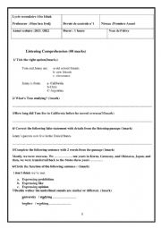English Worksheet: first form  test number 1 tunisian programme