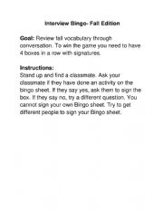 English Worksheet: Autumn Interview Bingo