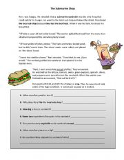 English Worksheet: Sandwich Reading Comprehension (The Sub Shop)