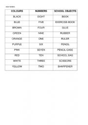 English Worksheet: School objects, numbers and colours