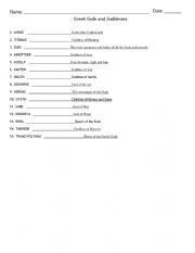 English Worksheet: Greek Gods and Goddesses