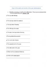 Days of the week and months of the year abbreviation activity