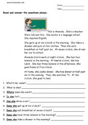 English Worksheet: Amanda-the-teacher-readig comprehension