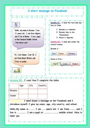 English Worksheet: to produce a short message on Facebook to introduce themselves, giving information about the name, age, city/hometown, country, and school