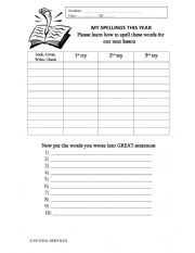 English Worksheet: Spelling template for 10 words