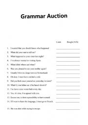 Grammar Auction Worksheet