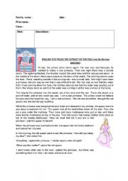 English Worksheet: The princess and the pea : reading comprehension test.