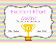 English Worksheet: Excellent Effort Award