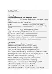 English Worksheet: Final Test 7thform on reading