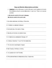 English Worksheet: Days and Months Abbreviations activites