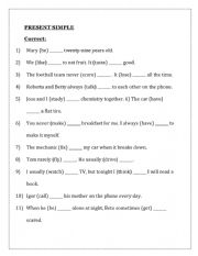 English Worksheet: PRESENT SIMPLE CORRECT THE VERB