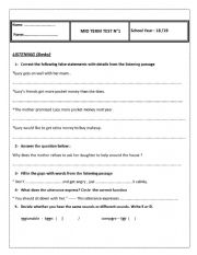 English Worksheet: MID TERM TEST 1 (First Form) 