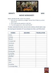 English Worksheet: Avengers Infinity war movie worksheet