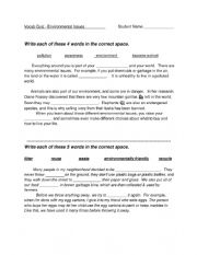 English Worksheet: Vocab Quiz on the Environment