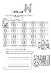 English Worksheet: Letter N (letter recognition, words from N)