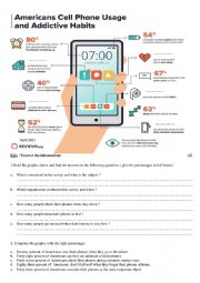 English Worksheet: Americans cell phone usage and adidictive habits