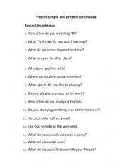 English Worksheet: Present simple and Cont. Correct the mistake