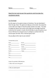 English Worksheet: Cut the Rope- reading comprehension on the application