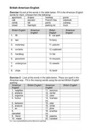 English Worksheet: BRITISH VERSUS AMERICAN ENGLISH