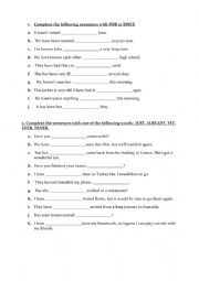 English Worksheet: For and Since