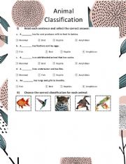 English Worksheet: Animal Classification