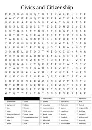 English Worksheet: Civics and Citizenship Wordsearch