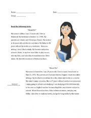 English Worksheet: All about Me text