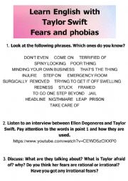 English Worksheet: TAYLOR SWIFT INTERVIEW- FEARS AND PHOBIAS