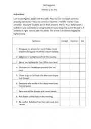 English Worksheet: Betting game articles