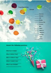 English Worksheet: Prepositions of time, Special days