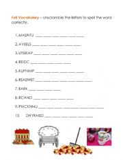 English Worksheet: Fall Vocabulary (Unscramble the Letters)