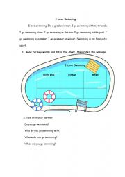 English Worksheet: I Love Swimming