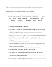 English Worksheet: economics vocab quiz
