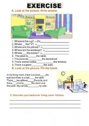 English Worksheet: Preposition exercise (Describe position objects in house)