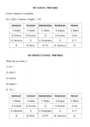 Pair work worksheet school timetable