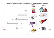 English Worksheet: Crossword on useful things for vacation. Picture of a suitcase to fill in with favourite belongings.