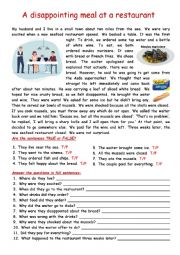 English Worksheet: RC: a disappointing meal at a restaurant