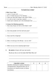 English Worksheet: An English boy in Dubai