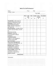 English Worksheet: oral rubric